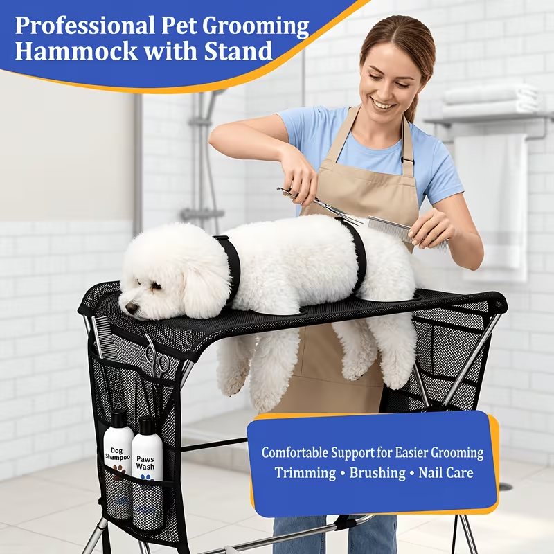 Dog lying calmly on the Pets Lovers grooming hammock while being groomed